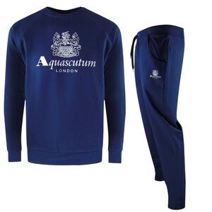 Aquascutum Mens London Logo Crew Neck Tracksuit Set / Navy Blue